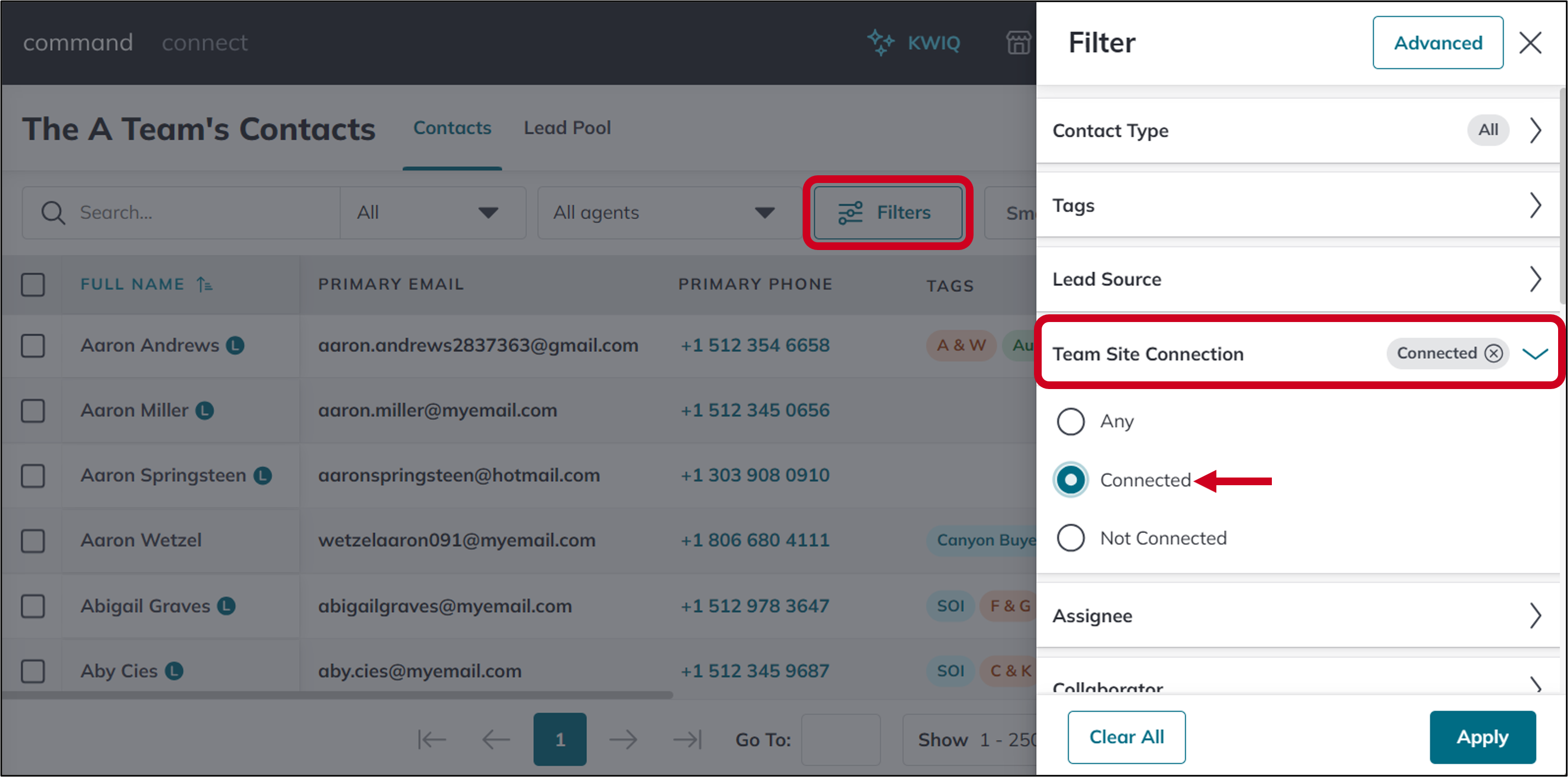 teams contacts team site connection filter.png